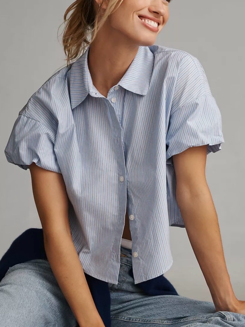 Anthropologie Maeve Top Shirt Blue Striped Cropped Button Up Blouse Women’s XL - Picture 1 of 10